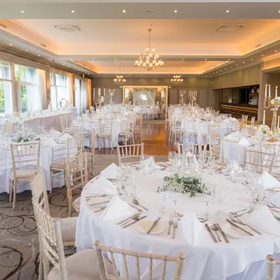 the ballroom at The Rine in County Clare, Ireland, decorated for a wedding.