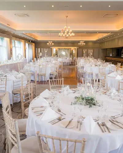 the ballroom at The Rine in County Clare, Ireland, decorated for a wedding.